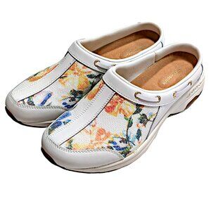 Easy Spirit Travelport Mules 9M • White Floral Watercolor Slip-On Walking Shoes